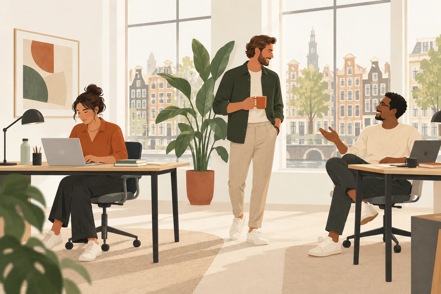 Illustratie van een hybride team in een licht kantoor aan een Amsterdamse gracht